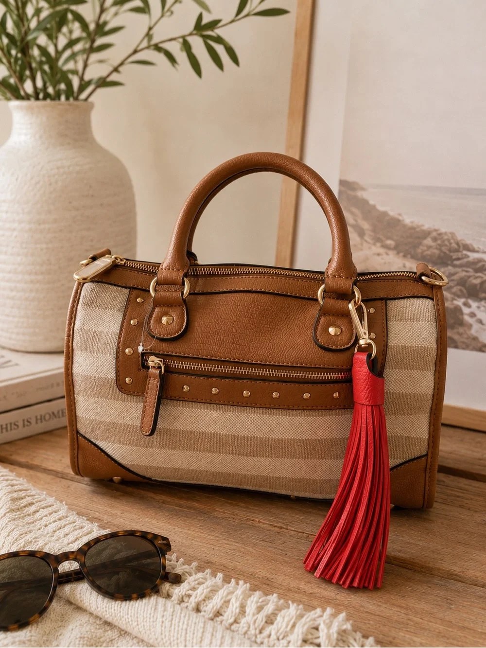 ALDO NWT Striped Satchel Crossbody Handbag Beige Camel Red Tassel